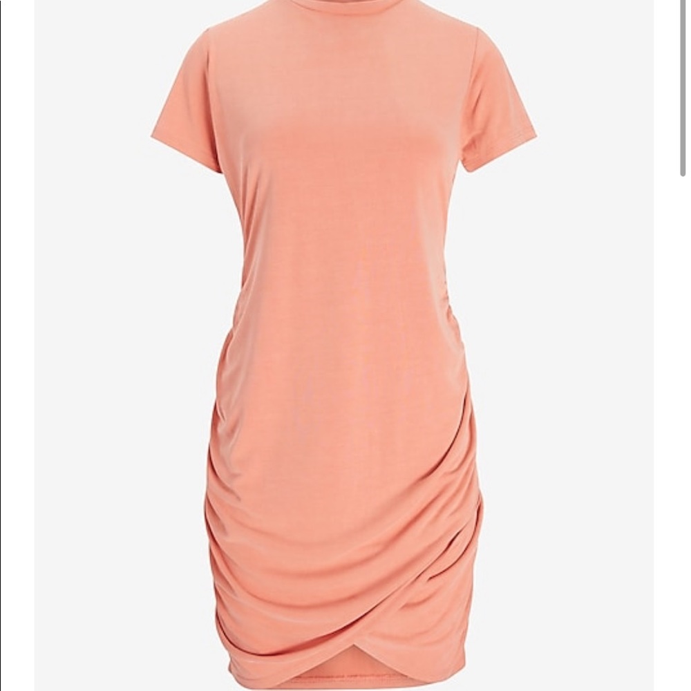 NWT Express Silky Sueded Jersey Ruched T-Shirt Dress in Terra Cotta Pink/Coral
